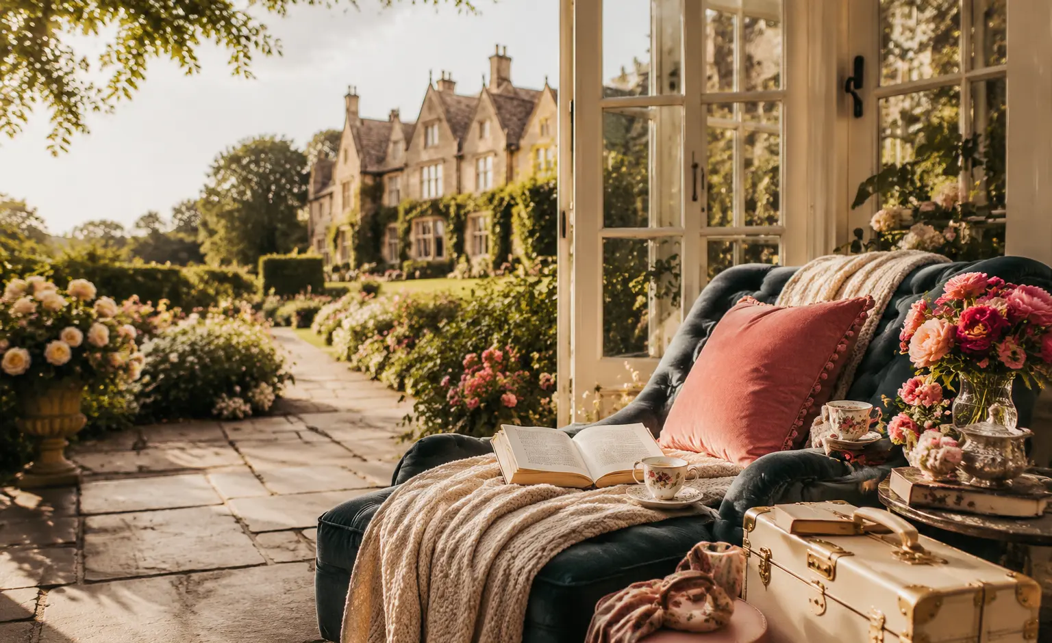 A romantic reading nook overlooking a flower-filled country estate